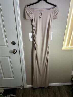 Mother Bee Maternity Elegant Off-Shoulder Beige Maxi Dress Size Small
